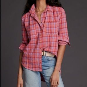 Anthropologie Coral Plaid Button Down Shirt